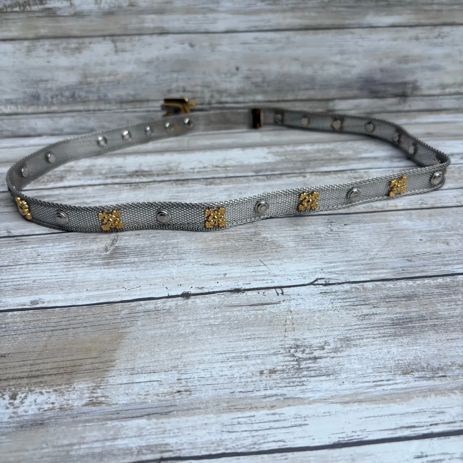 Metallic Mesh Metal Belt Gold Silver Tone Sz Sm 32” Edgy Y2K Utilitarian Floral - Image 5