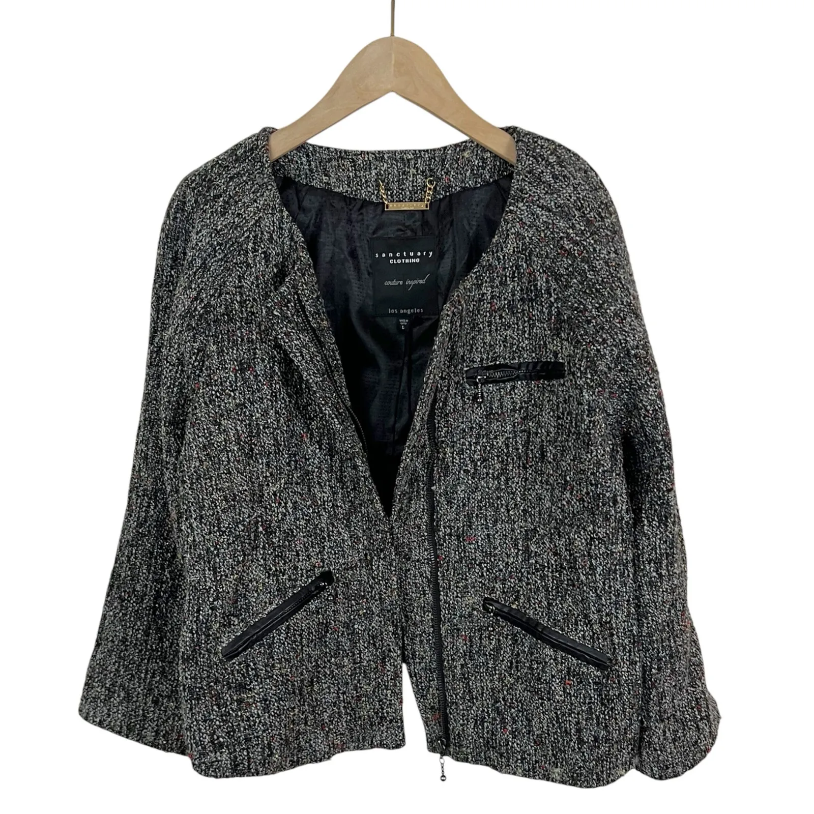 NWT Sanctuary Black Marled Knit Zip Front Cropped Blazer Jacket Size Large - Image 2
