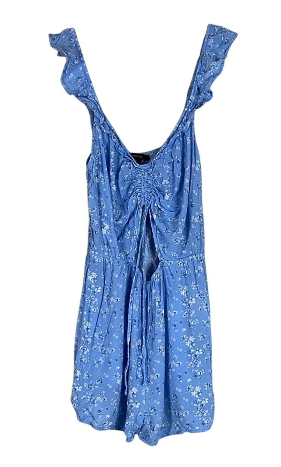 Forever 21 Romper Womens M Blue Floral Ruffle Cutout V-Neck Smocked Cottagecore - Image 4