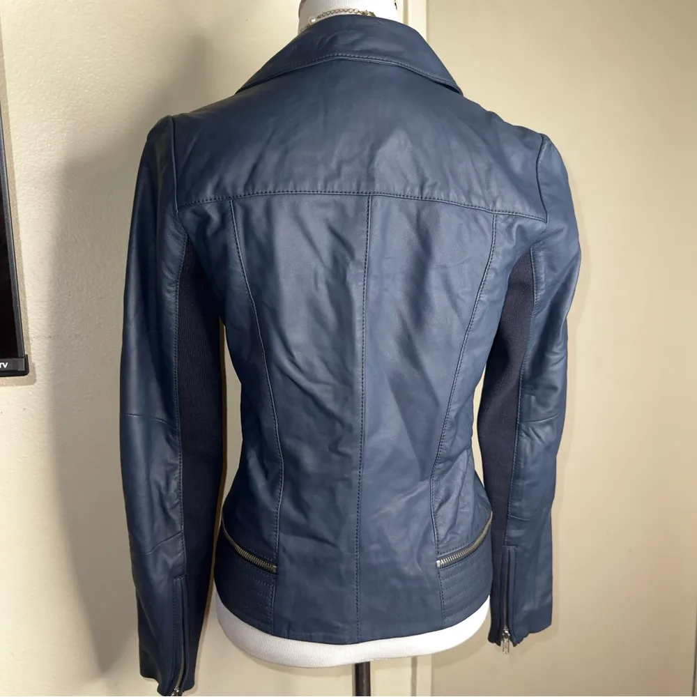 Blue Leather Motorcycle Jacket with Asymmetrical Zipper Trouvé Size XS - Image 6