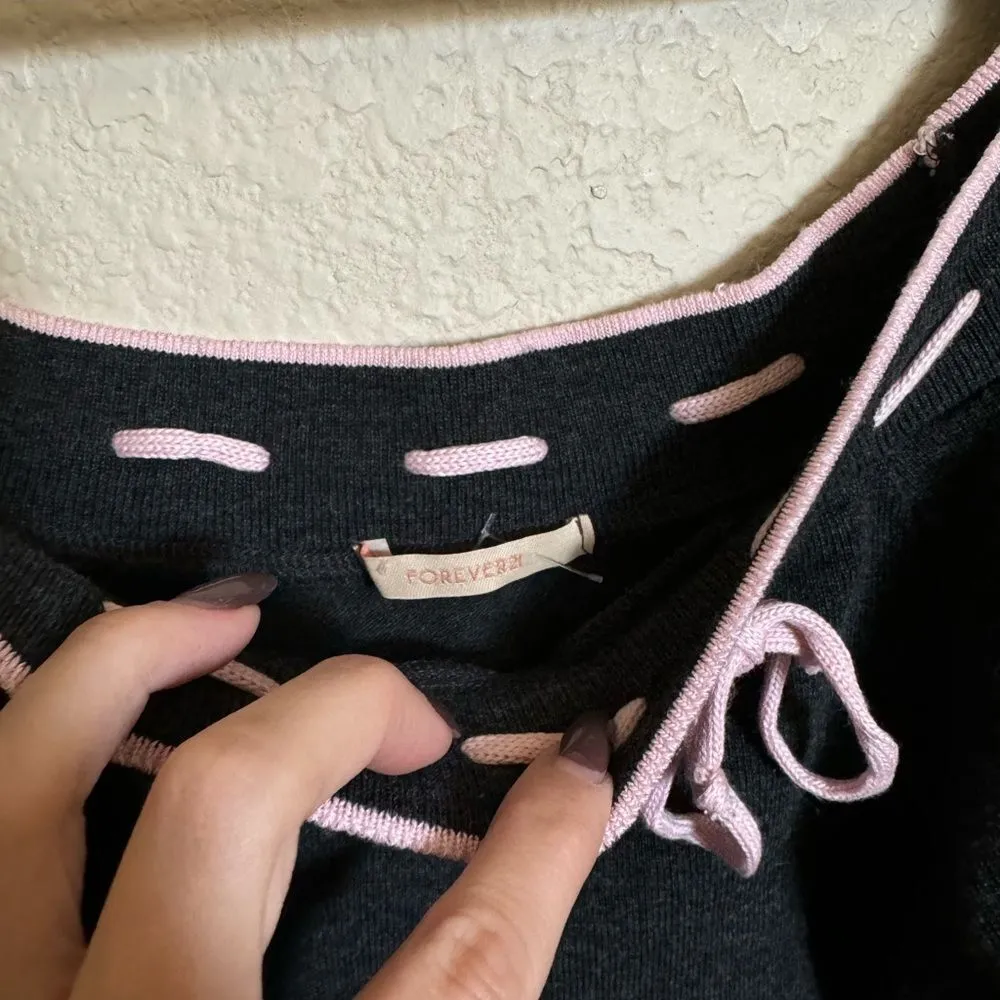 Vintage Y2K Forever 21 Off-Shoulder Lace Trim Tie Knit Sweater Top Sz S Coquette - Image 4