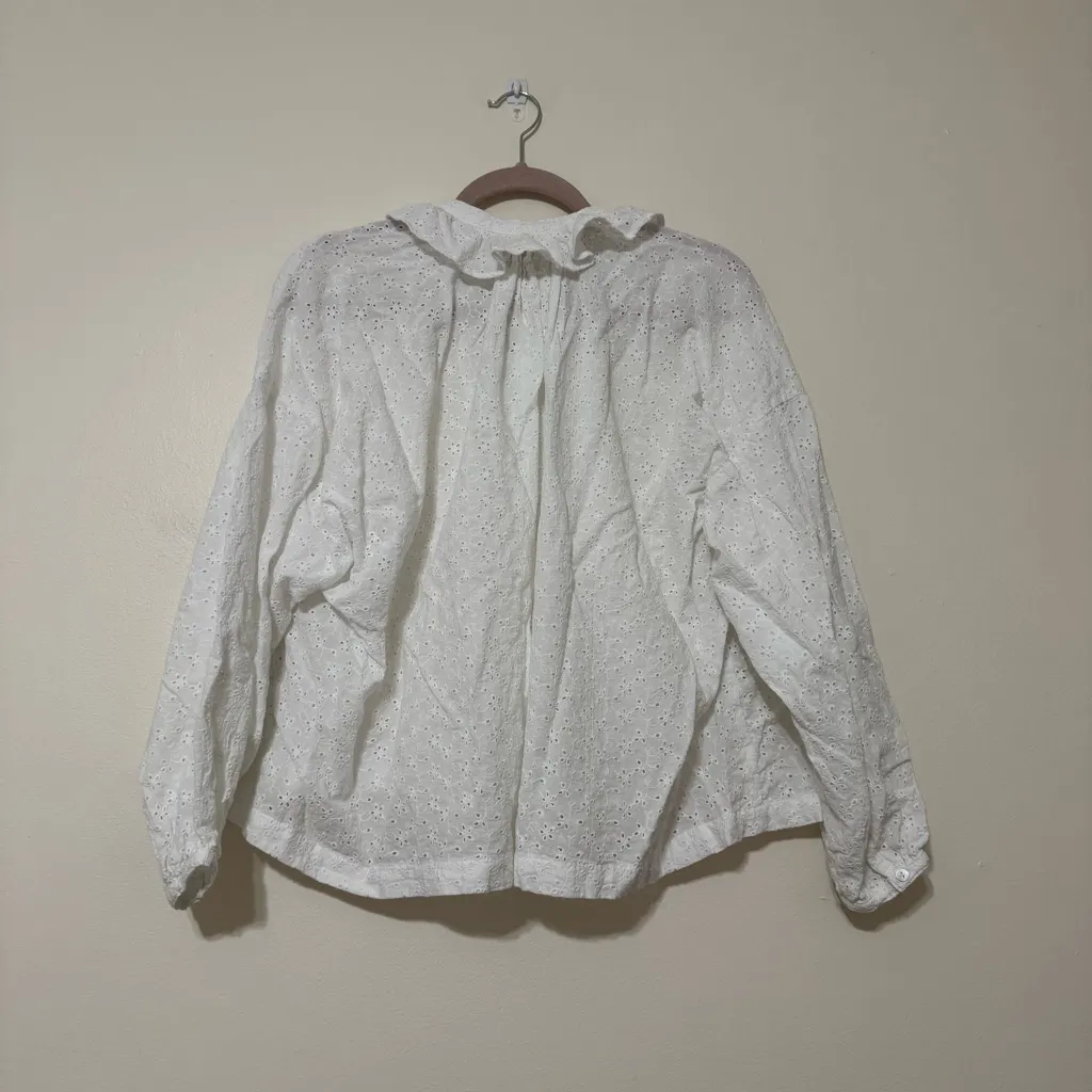 Myrah Penaloza White Eyelet Cotton Button Up Collared Blouse Size M - Image 6