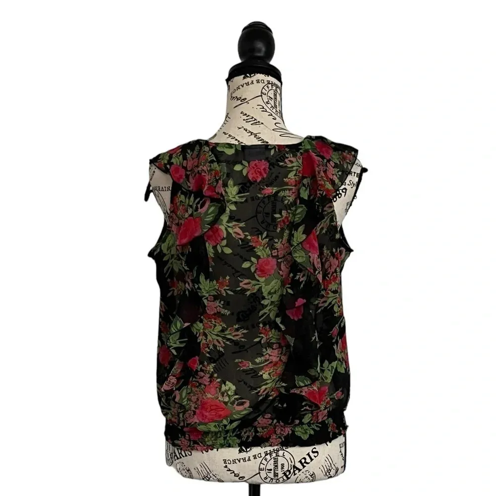 Suzy Shier Black Rose Sheer Ruffle Blouse Women’s Small Flutter Sleeve Romantic - Image 5