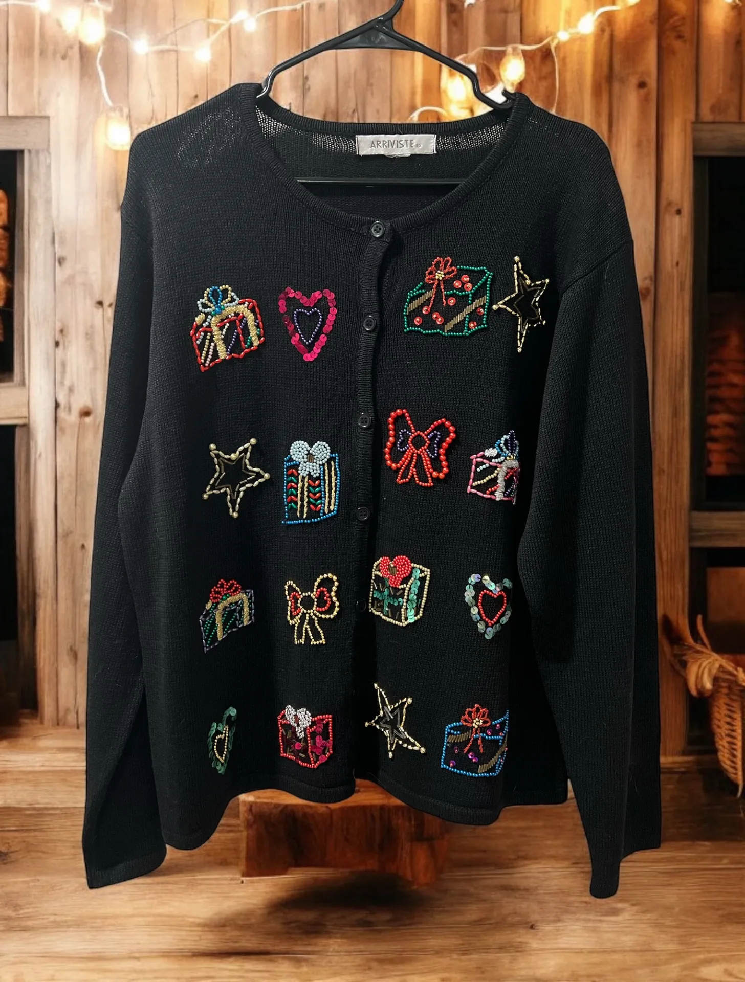 Arriviste Beaded Christmas Cardigan Sweater Vintage Presents Stars Women's L Multiple Size L - Image 1