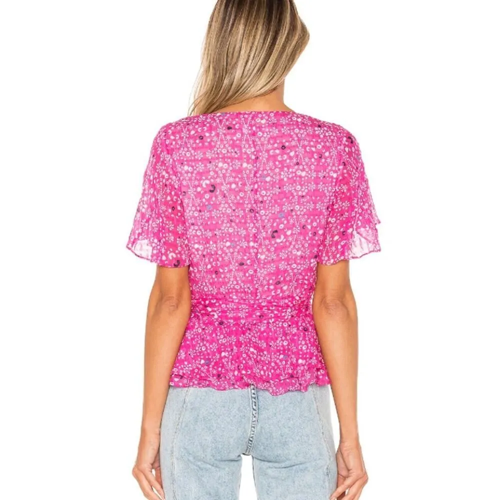 Tanya Taylor Bianka Top Women's 2 Pink  Floral Ikat Mosaic Silk Blend Ruffle - Image 9