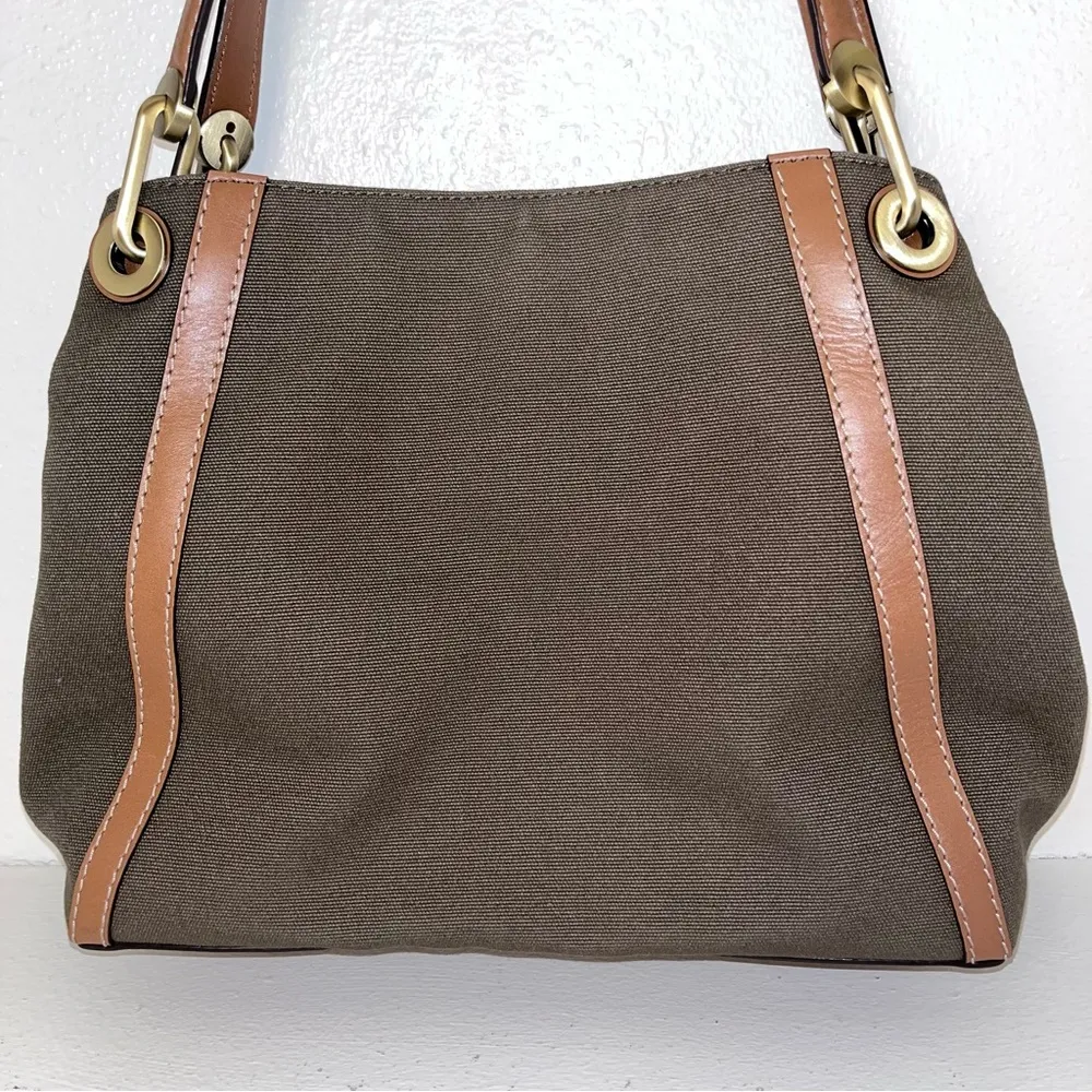 MICHAEL KORS Olive Camel Raven Canvas Leather Shoulder Tote Purse Handbag - Image 6