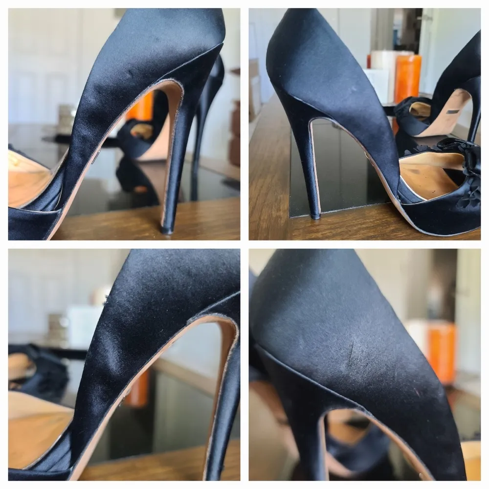 Black Satin Peep Toe stiletto high heel  w/ floral bow sz 9 - Image 10