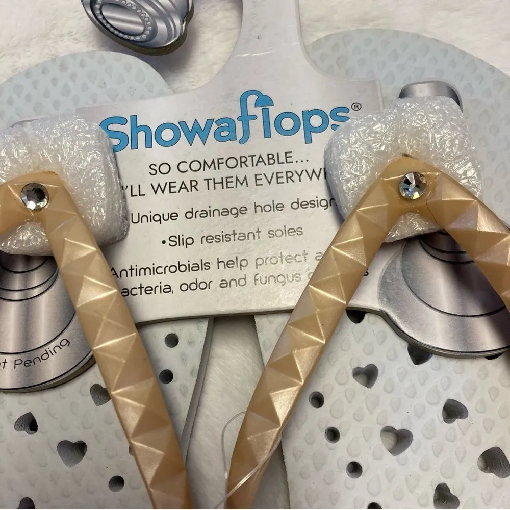 Showaflops Shower Shoes Size 5 6 White Heart Gold Pyramid Flip Flop NWT Water - Image 7