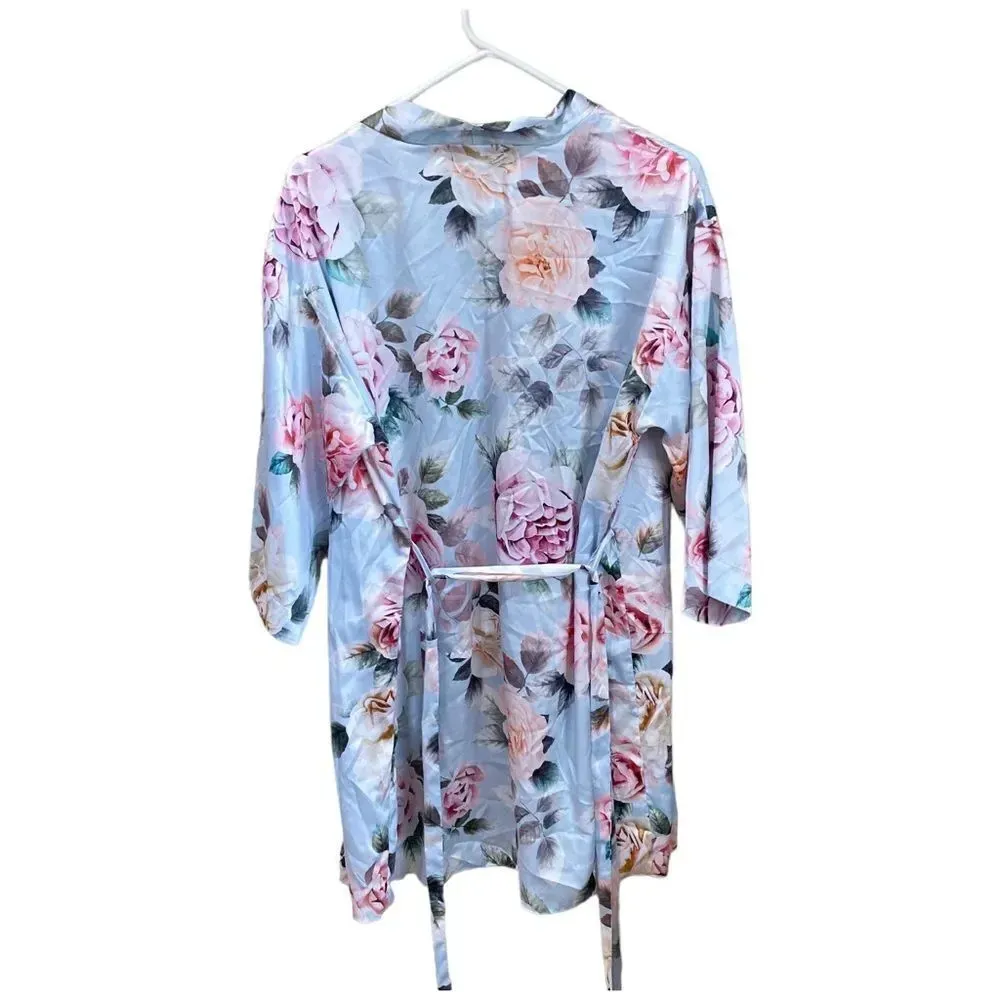 FLORA NIKROOZ Blue Satin Floral Robe Size Medium Large - Image 3