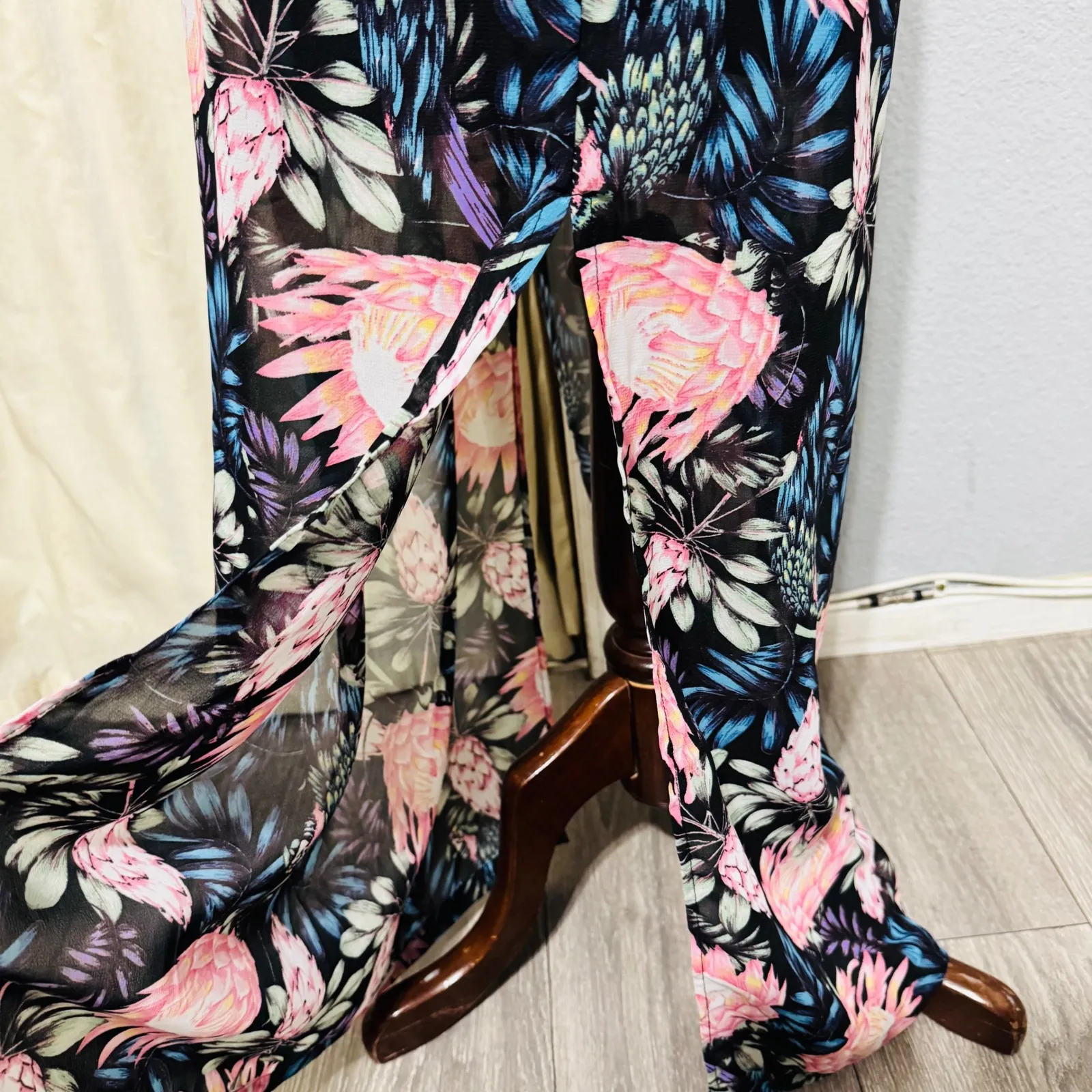 H&M Divided Floral Maxi Dress Spaghetti Straps V Neck Pink Blue Black Size 6 - Image 7