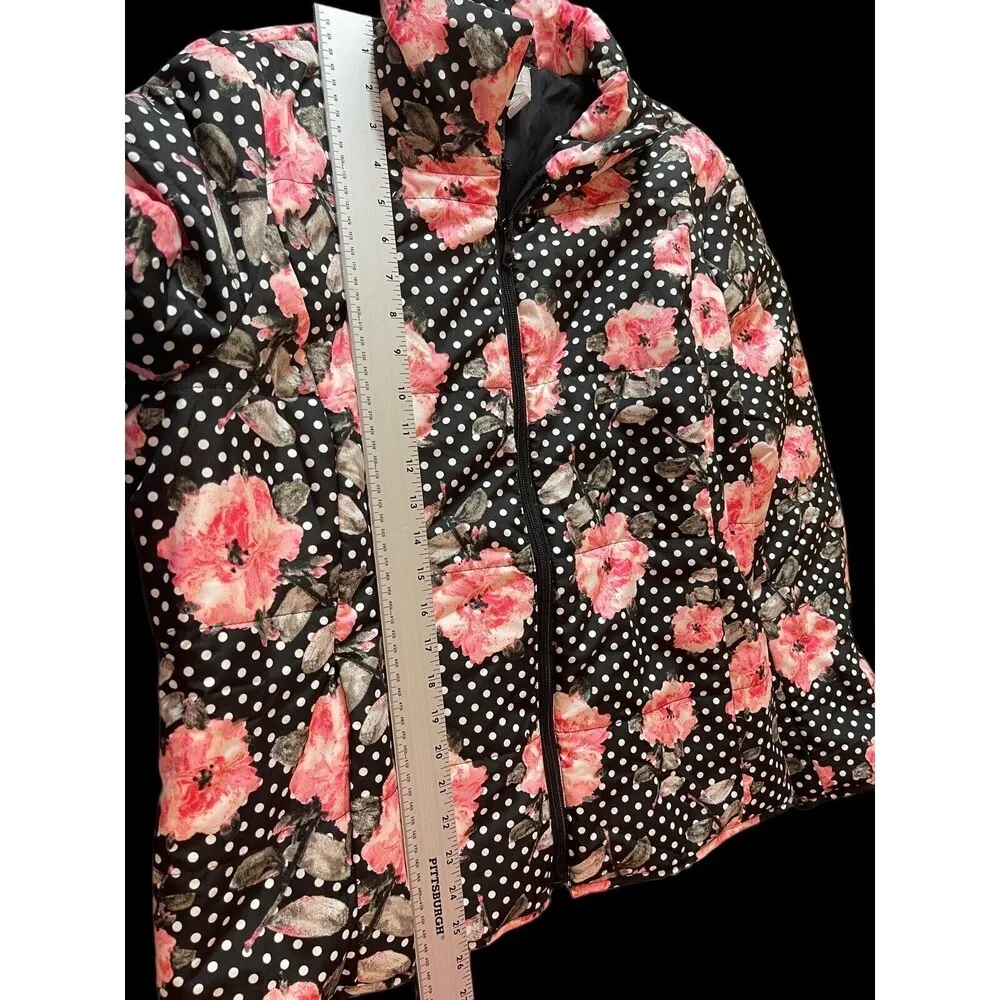 Chico’s Black Polka Dot Pink Floral Lightweight Puffer Full Zip Sz 3 (L) Coat - Image 6