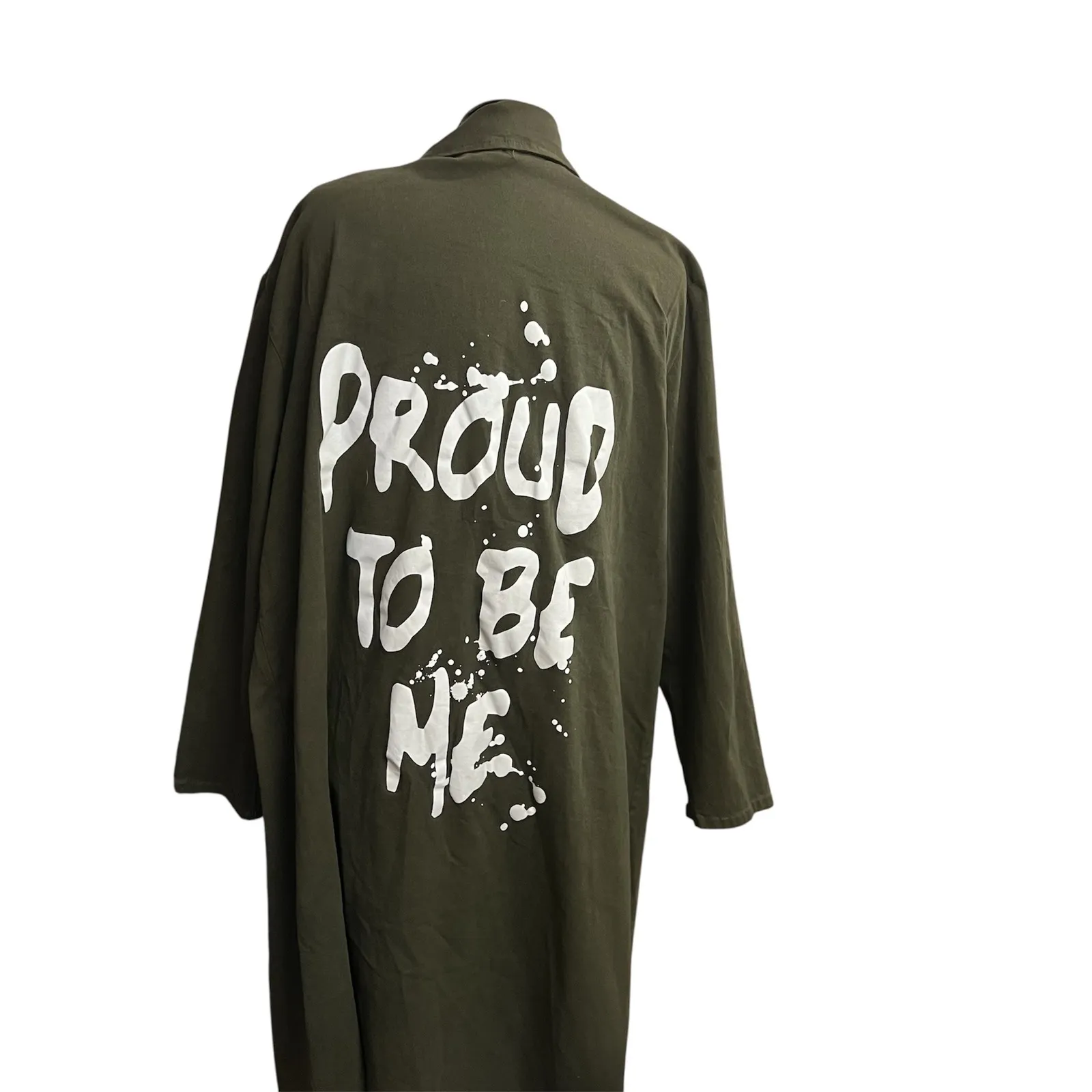 Olive Green Duster Jacket Proud Unique Self Graffiti Cotton Blend 3X SEE DESCRIP - Image 2