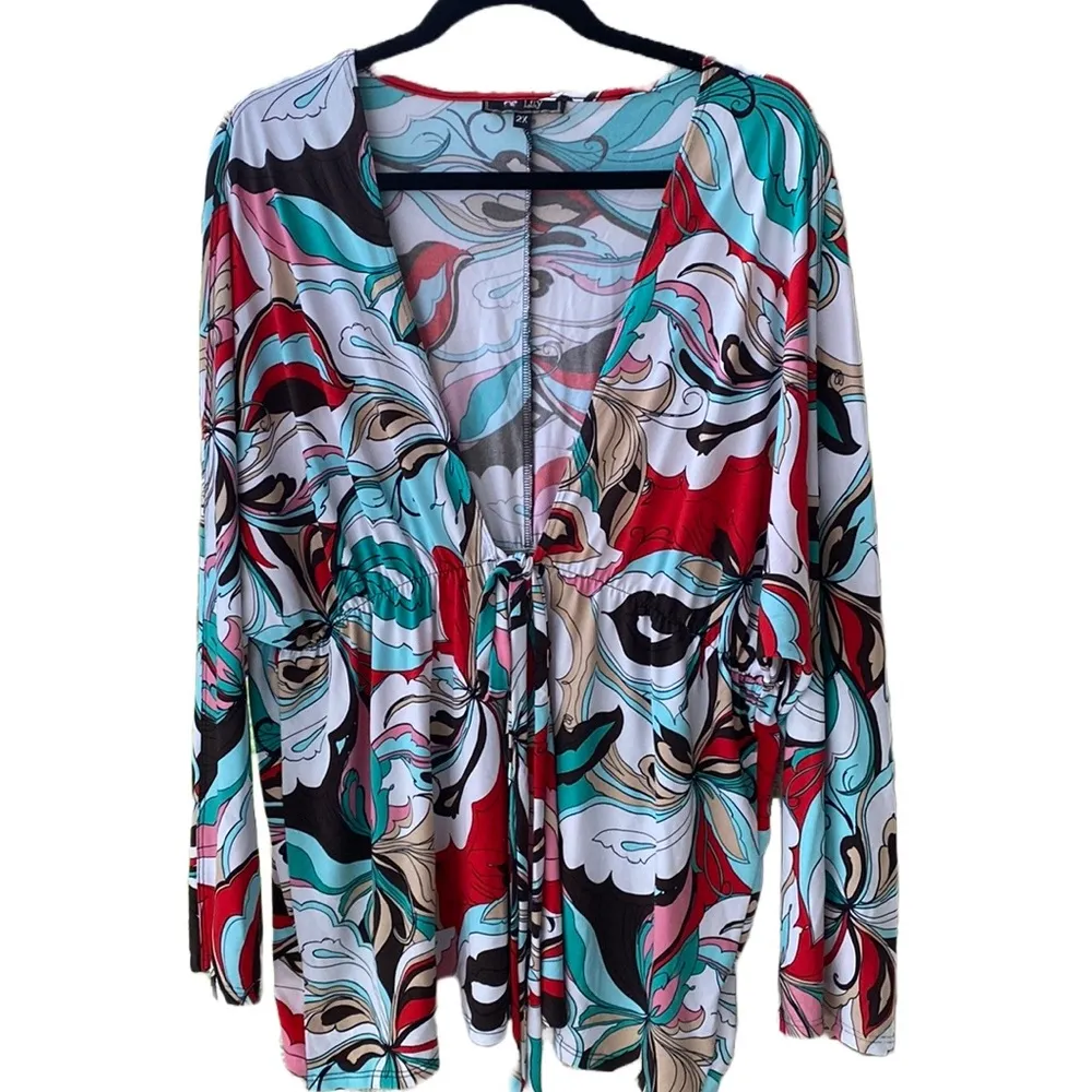 Lily 🖤💜🤍 Geometric Retro Patterned Long Open Topper, Elastic Waist Front Tie Purple Size 2X - Image 12