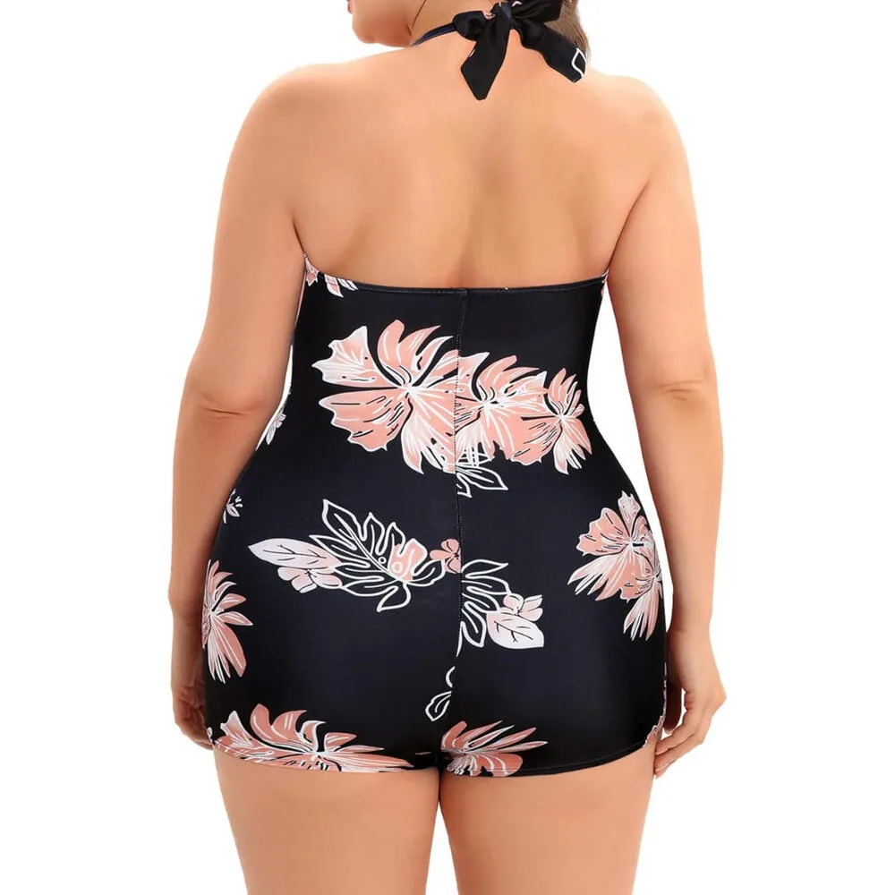 *Plus Size Floral Print Swimsuit Tummy Control XXL Push Up Beach Retro Black - Image 3