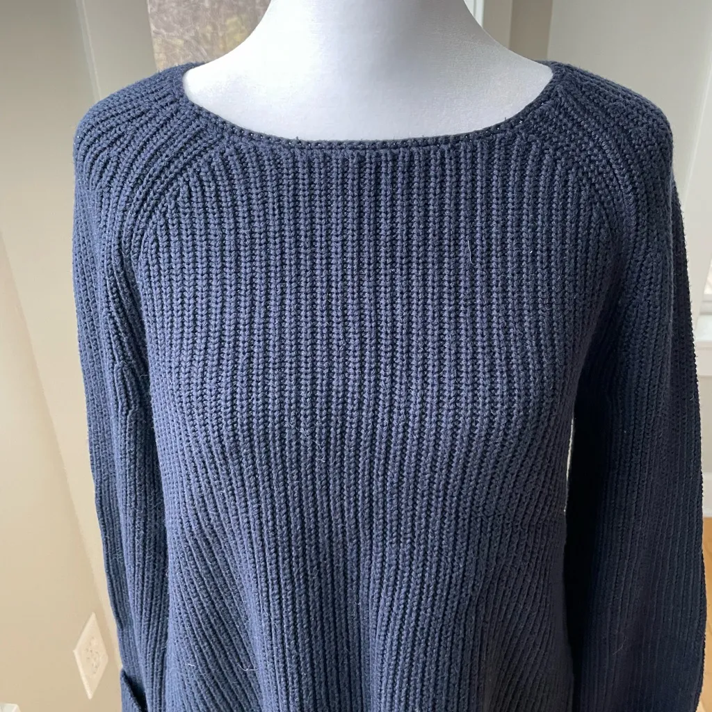 LOFT Navy Blue Chunky Ribbed Knit Flare Sleeve Cotton Boatneck Sweater Sz Small - Image 8