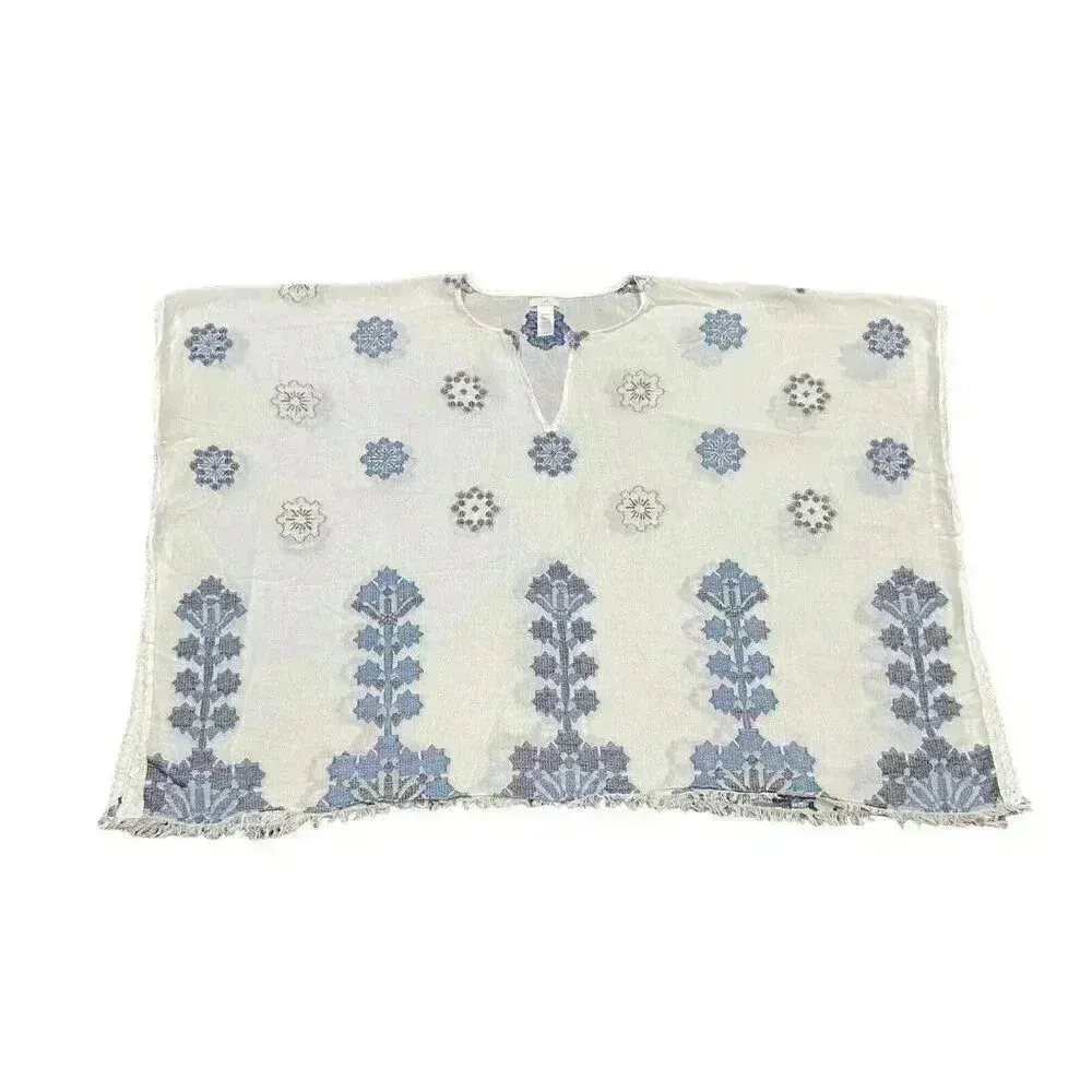 J Jill Ocean Breeze Jacquard Embroidered Open Cotton Poncho One‎ Size Boho Beach Blue - Image 2