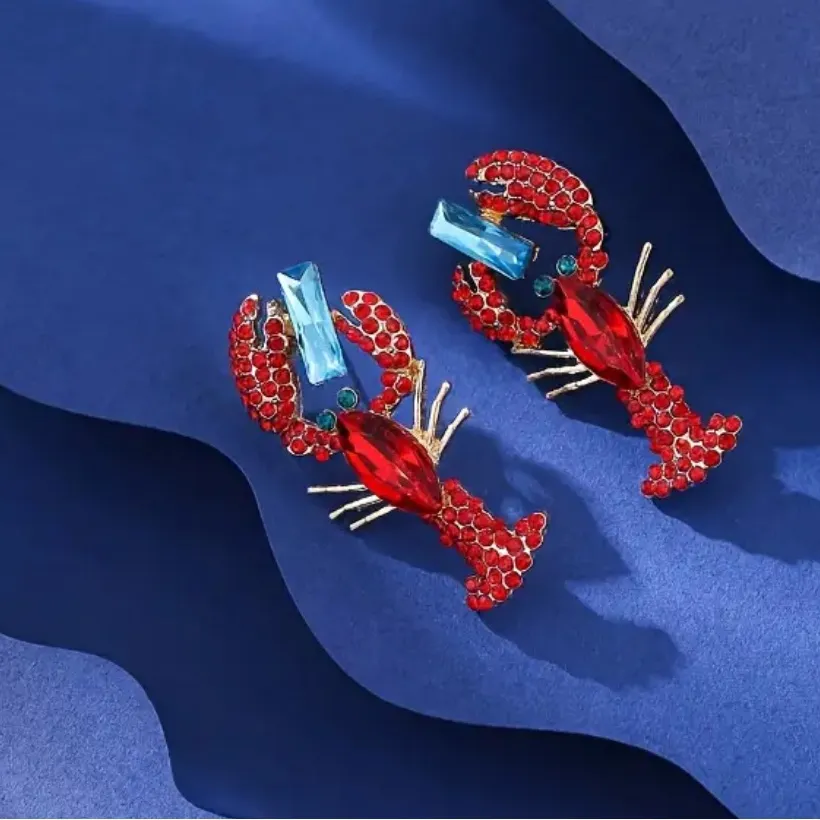 Lobster Crawfish Rhinestone Earrings Red and Blue - Image 3