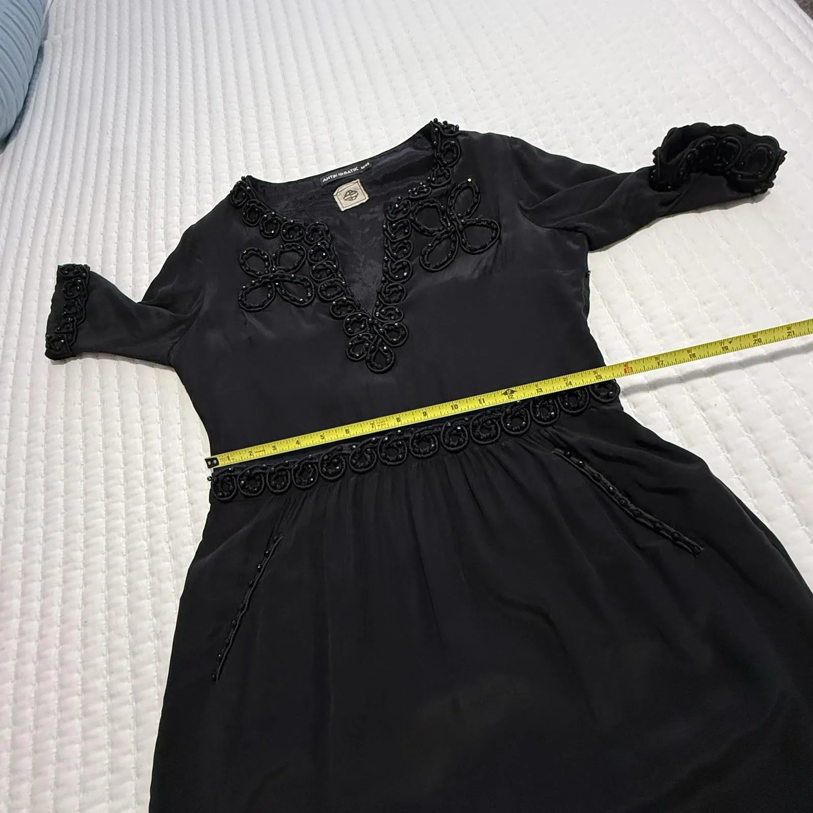 Antik Batik Dress Sz M 40 Short Sleeve 100% Silk Beaded Has Pockets Black Size M - Image 6