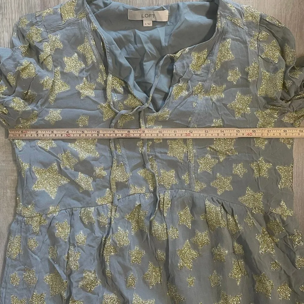 Loft Shimmer Gold Star Tiered Mini Dress | Size Medium - Image 7