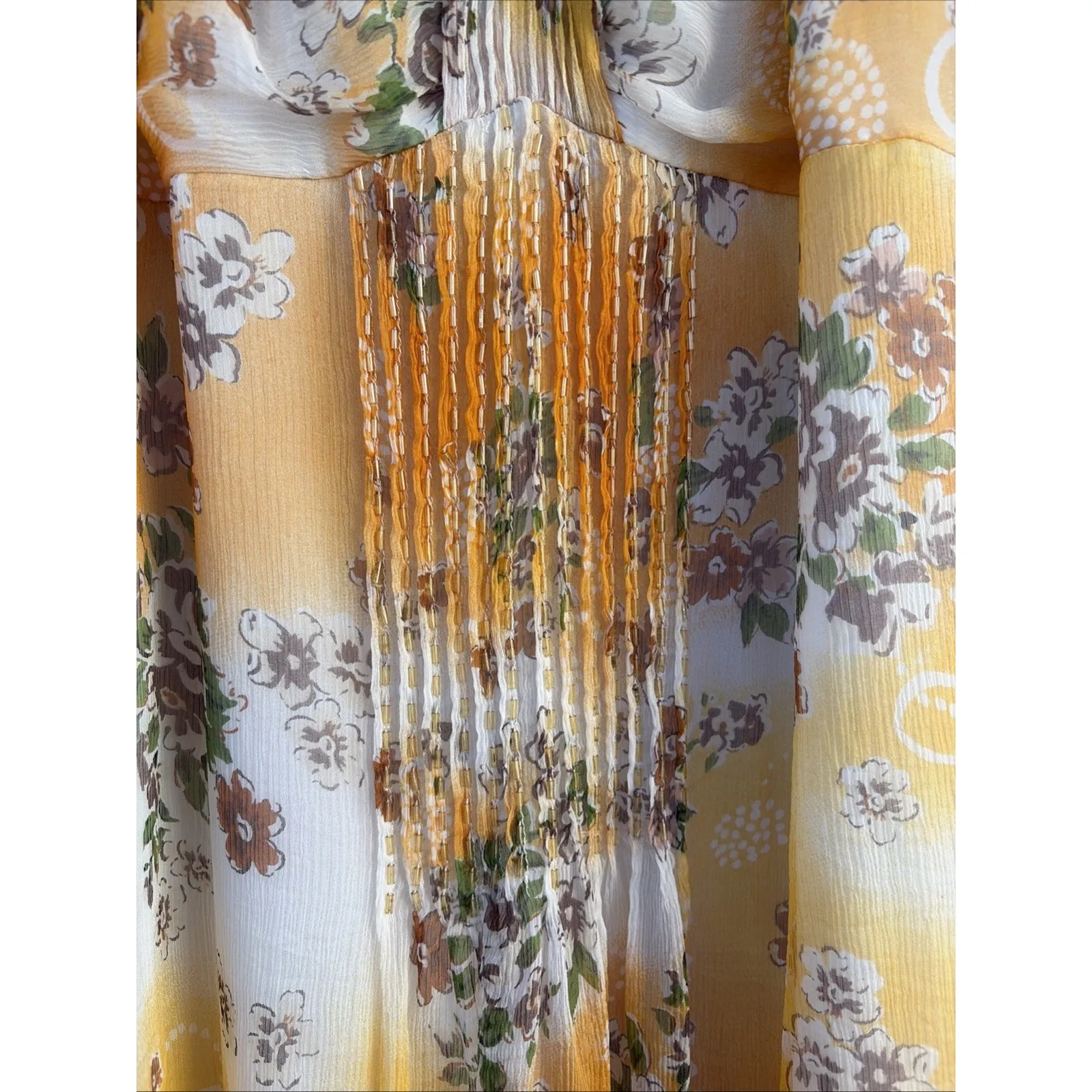 Kiko Bay Yellow 100% Silk Floral Flower Beaded Sleeveless Midi Dress Women Large - Image 6