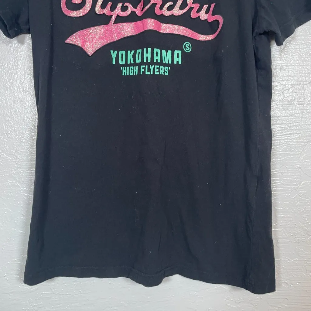 SuperDry Women 6 Black Pink Glitter Logo T-Shirt Short Sleeve Crew Neck Cotton - Image 2
