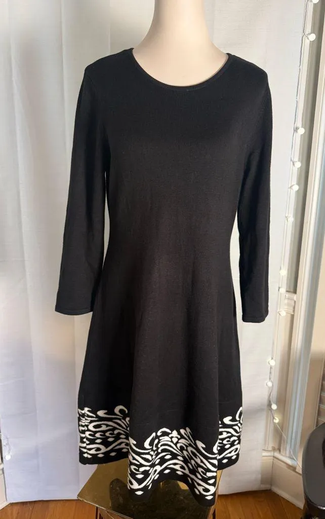 J Howard Black Knit Long Sleeve Dress with White Scroll Hem – Size Large - Image 6