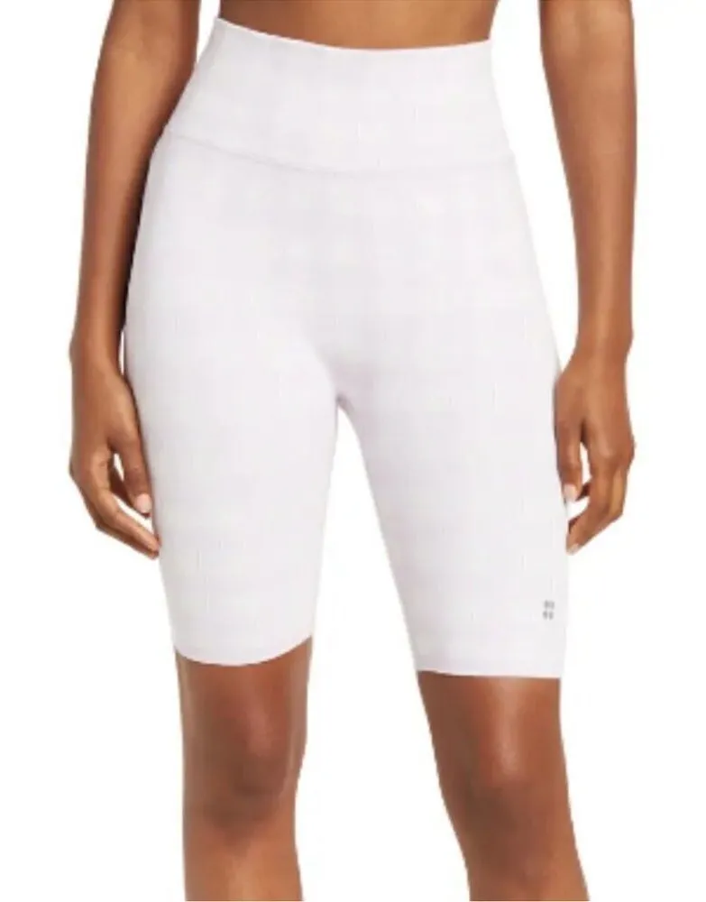 Sweaty Betty Gingham Lavender and White High-Waisted Biker Shorts Medium 8” - Image 1