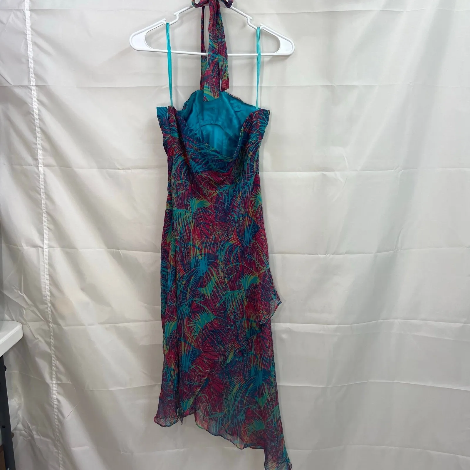 NWOT BCBGMAXAZRIA‎ women's pink blue halter sequins ruffle tropical silk dress - Image 4