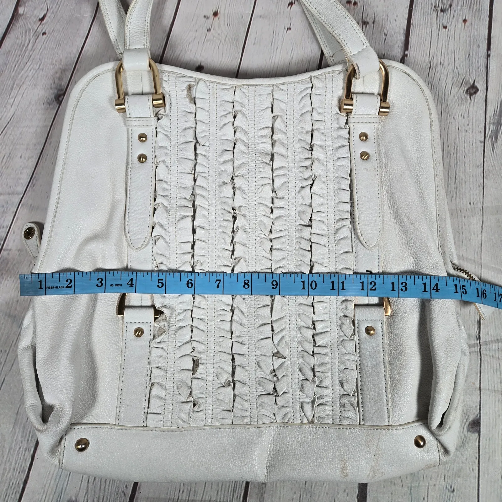 Tahari White Leather Ruffle Accent‎ Tote Bag Shoulder Bag Gold Hardware Dome - Image 14