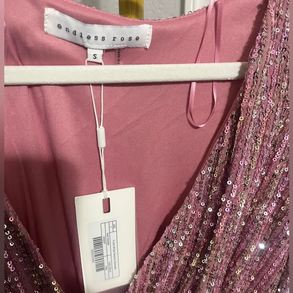ENDLESS ROSE by Anthropologie Long Sleeve Wrap Sequin Romper in Pink - Image 7