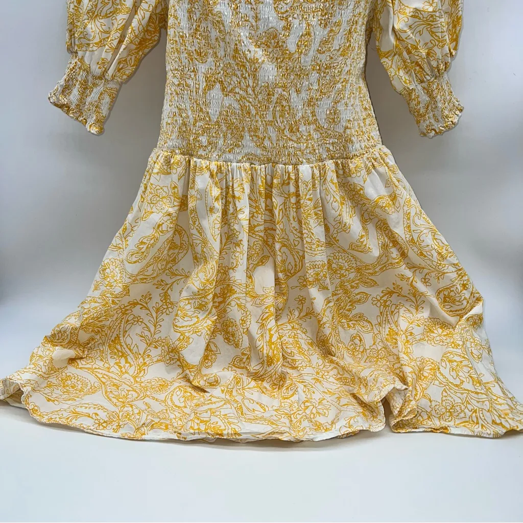 1. State Yellow Toile Paisley Print Midi Dress w/Smocked Bodice Short Sleeves-L - Image 3