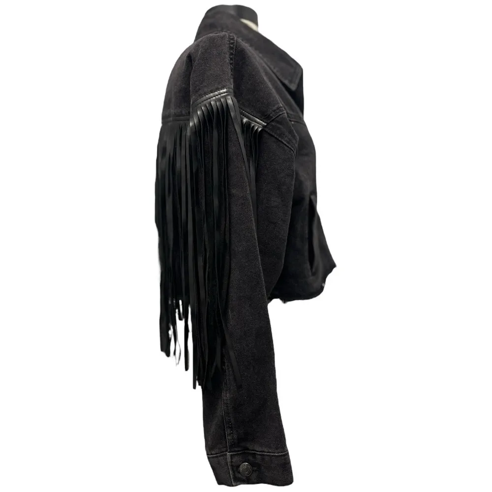 Forever 21 Fringe Black Denim Jacket Size Small Edgy‎ Rocker Grunge Chic Western - Image 3