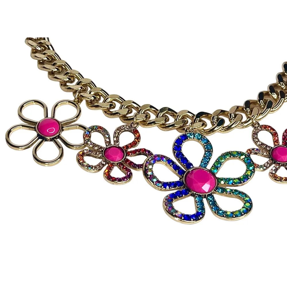 NEW Betsey Johnson FLOWER BIB NECKLACE Gold Tone Curb Chain Crystal Rhinestone - Image 3