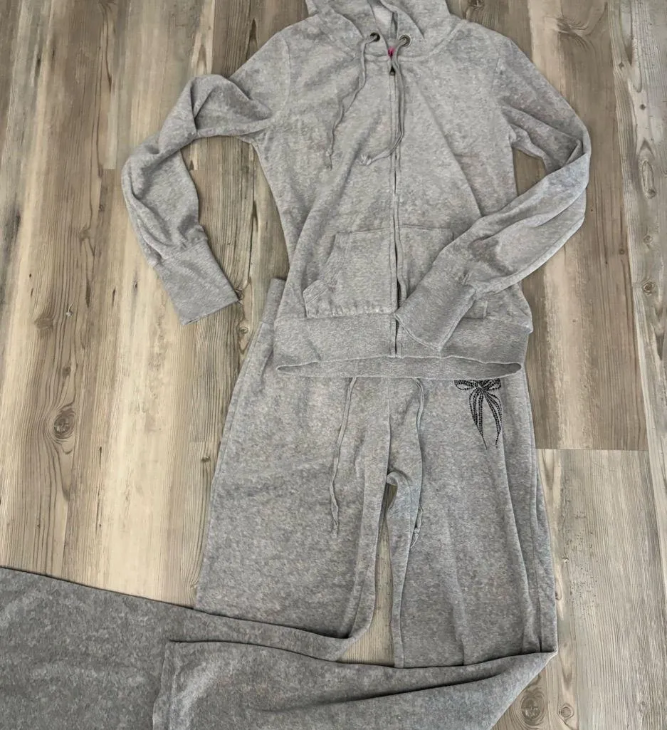 Jenni Gray Track Pants & Hoodie Set with black rhinestones bow velour Size M - Image 2