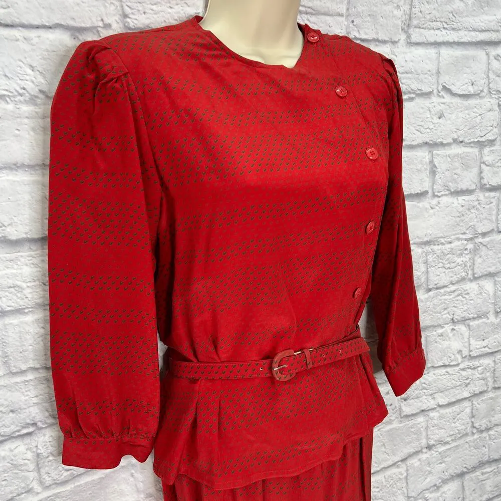 Vintage Maggie London Jeannene Booher Red Silk 2 Piece Set Size 10 Skirt Belt - Image 5