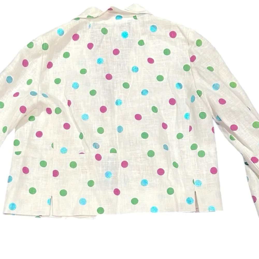 BIELLA COLLEZIONI LINEN MARIA LUISA B CROP POLKA DOT WHITE PINK BLUE BLAZER 42 Size 6 - Image 6