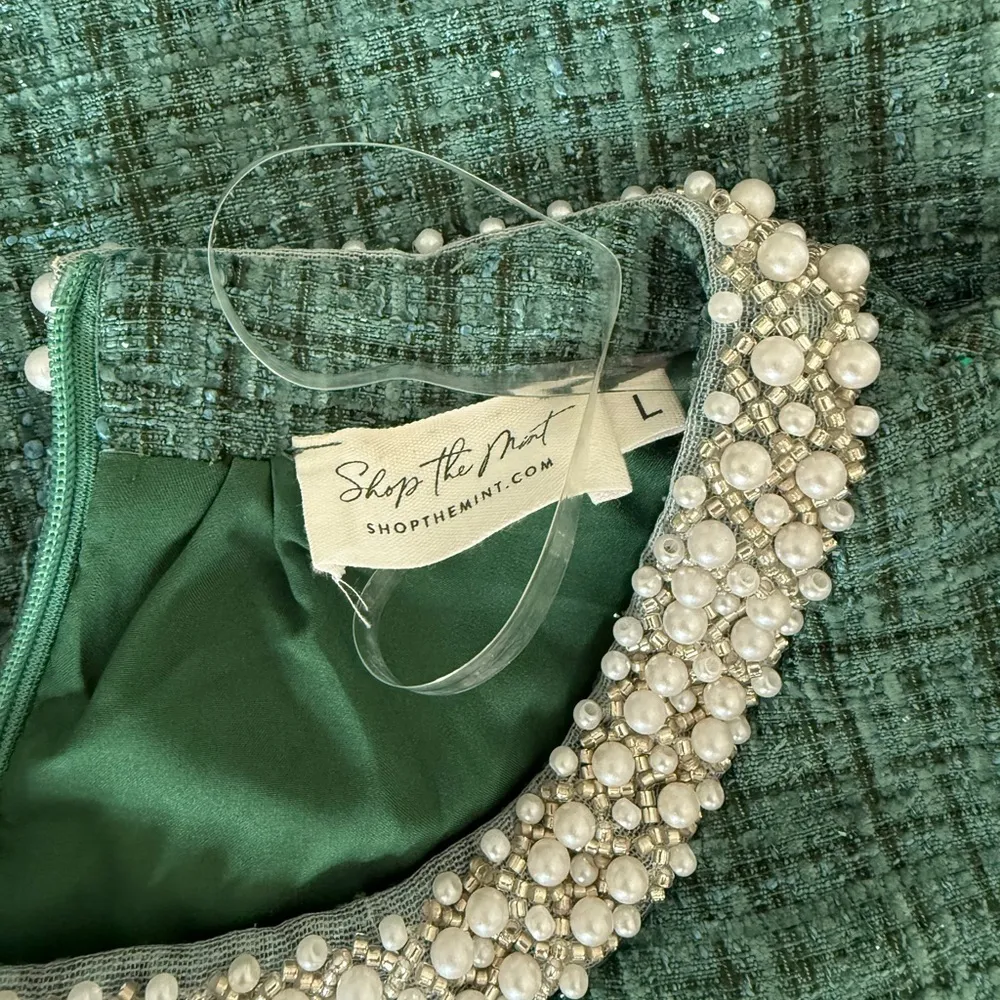 Shop the Mint Green Plaid Puff Sleeve Dress, Size Large - Image 3