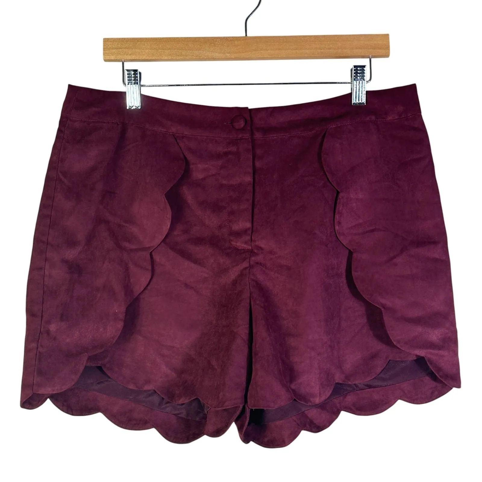 Leith Scallop Hem Shorts Womens L Plum Purple Faux Suede Coquette Feminine - Image 2