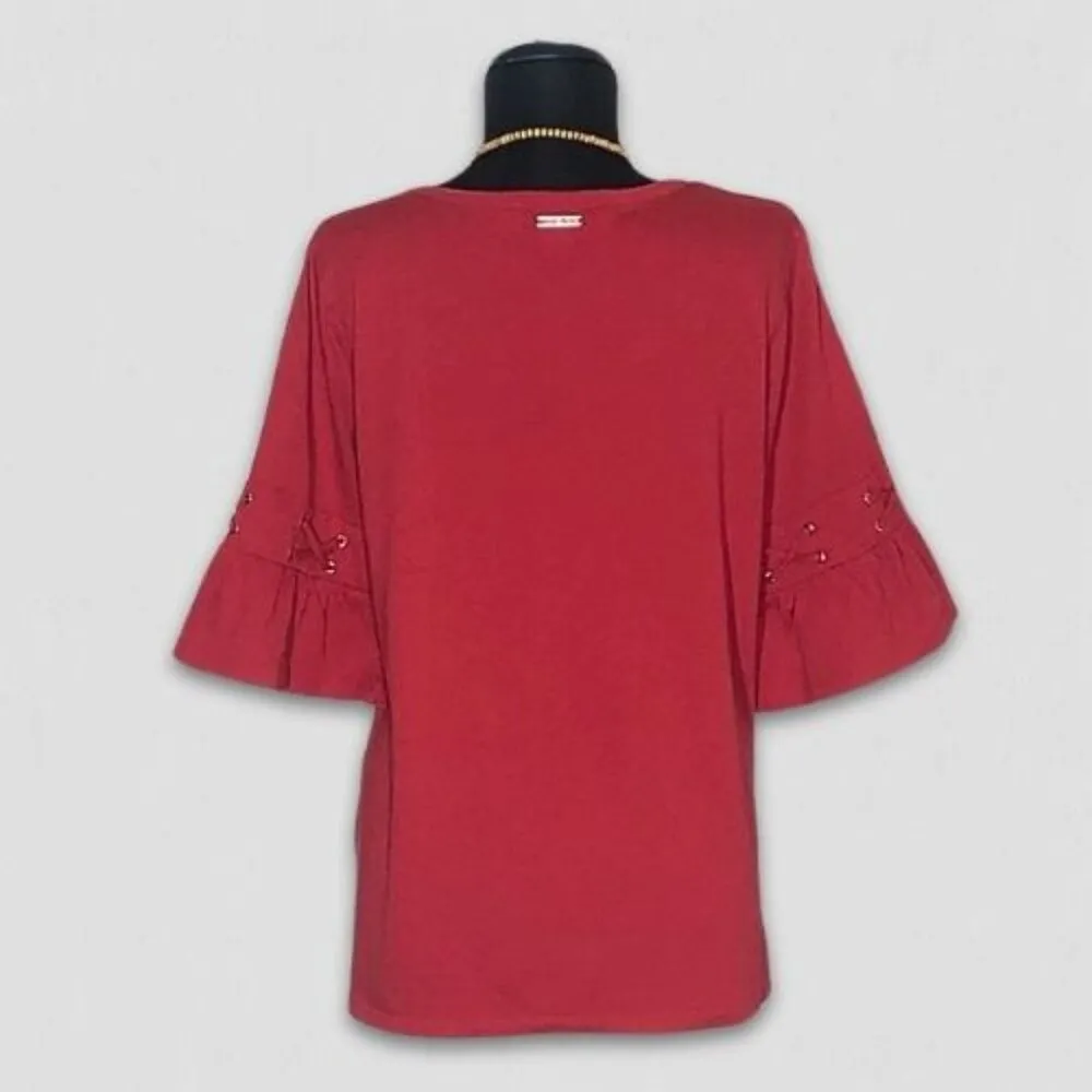 Michael Kors Modal Casual Tunic Blouse Bell Sleeves Side Slits Red sz L - Image 2
