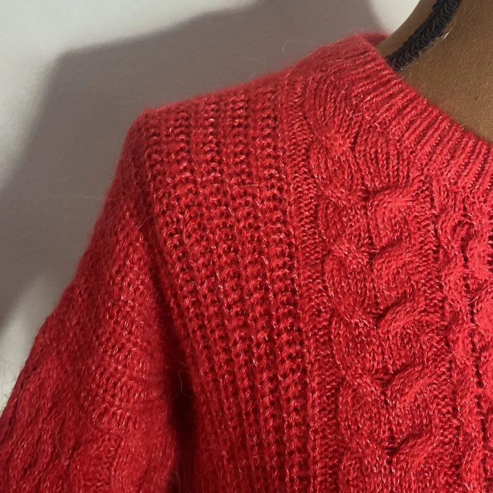 red cable knit alpaca wool blend cropped Crewneck sweater S - Image 7
