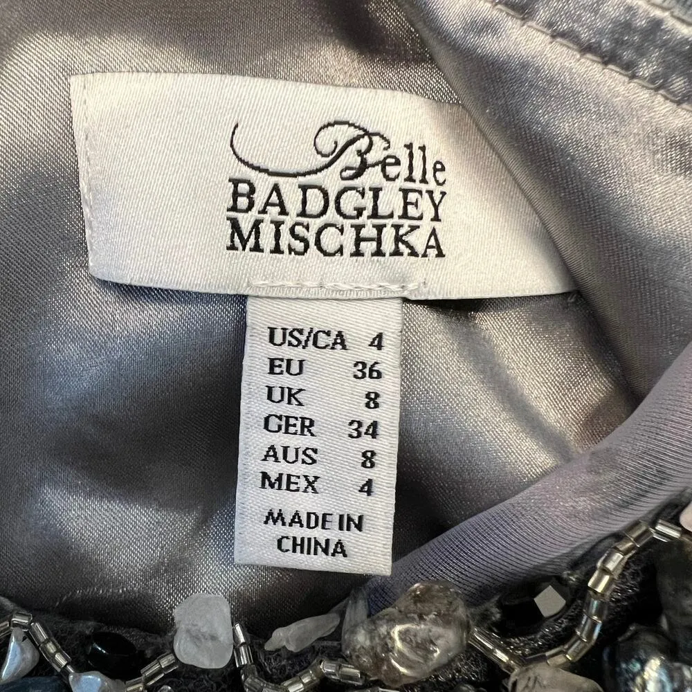 Belle Badgley Mischka Kristin Black Gray Shift Dress Polished Stone Neck Size 4 - Image 11
