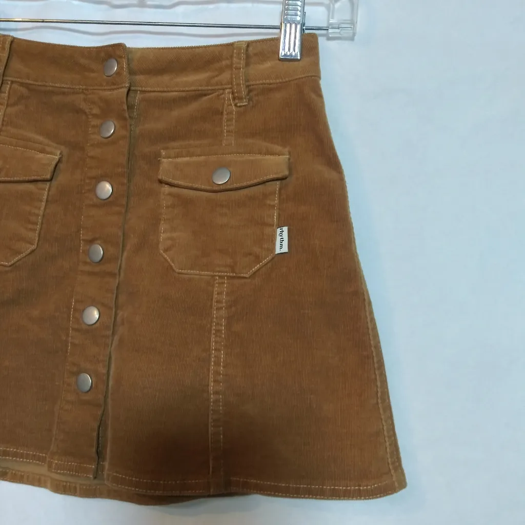 Rhythm Corduroy Mocha Brown Tan Button Down Mini Boho Skirt Size 2 Size M - Image 4