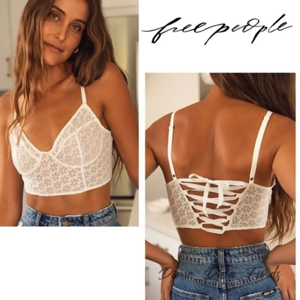 Free People Women’s S Lele Lace Up Corset‎ Bra Crop Top White Lace Coquette New - Image 2