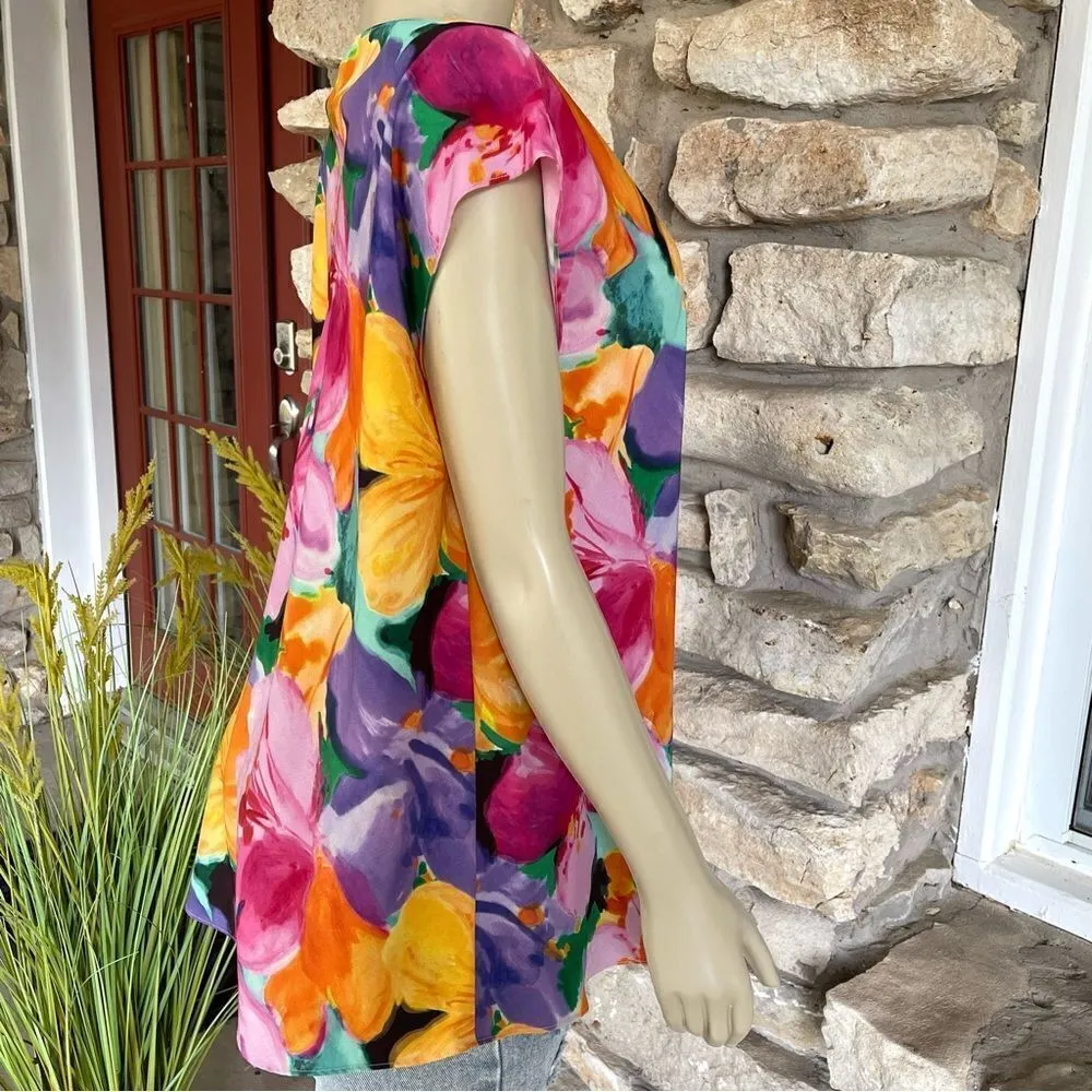 Lauren Ralph Lauren Size Large Watercolor Floral Print Crepe Tunic Blouse - Image 3