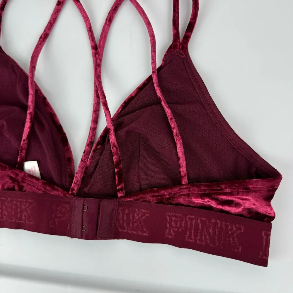 PINK Victoria’s Secret Velvet Bralette Bra Sz Large Maroon Berry Vneck - Image 11
