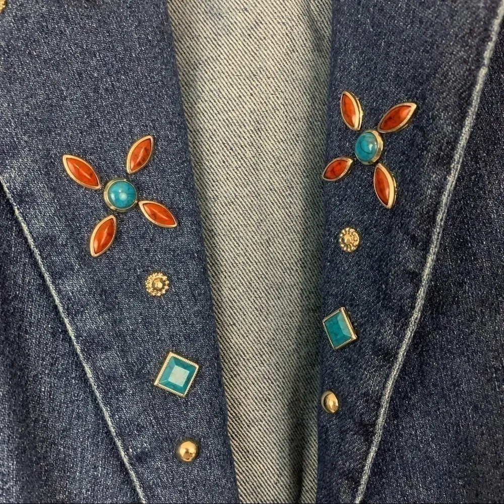 VINTAGE 80s Western Crackle Stone Embellished Denim Blazer Jacket Size 10 Blue - Image 8