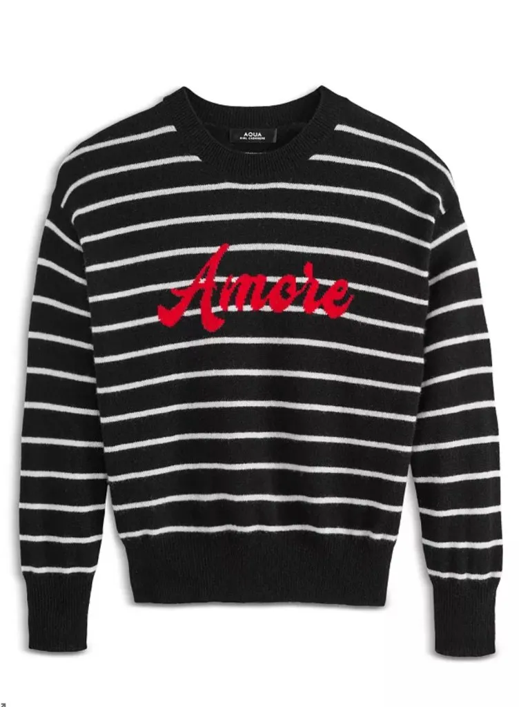 NWOT Aqua  100% Cashmere Black Crewneck Striped Amore Sweater XS Oversize - Image 3