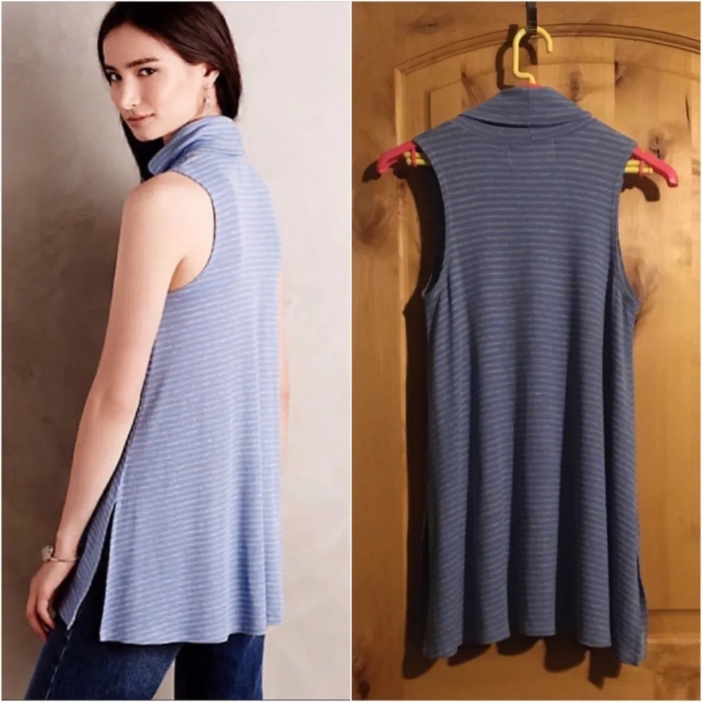 Puella ANTHRO Blue Grey Stripe Mock Neck Rib Tunic Tank $78 EUC M - Image 3