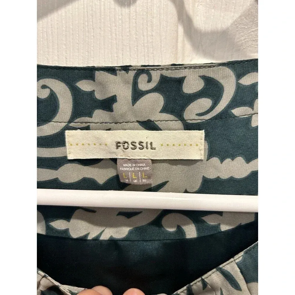 Fossil Womens Dress 3/4 Sleeve Geometric‎ Ikat Boho Mini Teal Size Large Pockets - Image 3