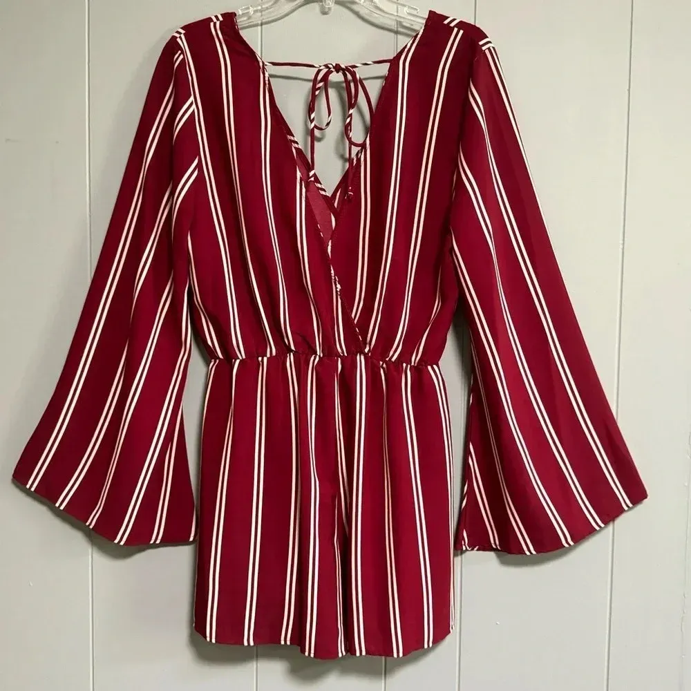 PEPPERMENT Vneck Long Flare Sleeves Back Tie Burgundy Stripe Short Romper Size M - Image 2